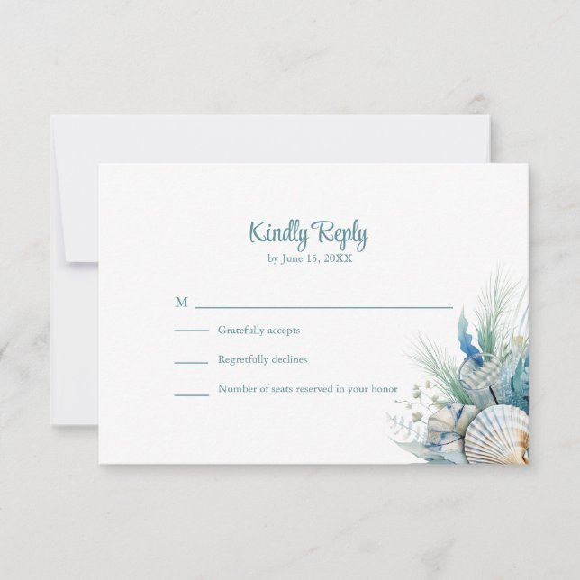 Boho Blue Floral Beach and Shell Wedding RSVP Card (Vorderseite)