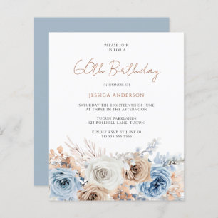 Boho Blue Floral Budget 60. Geburtstag Einladung