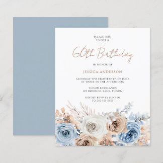 Boho Blue Floral Budget 60. Geburtstag Einladung