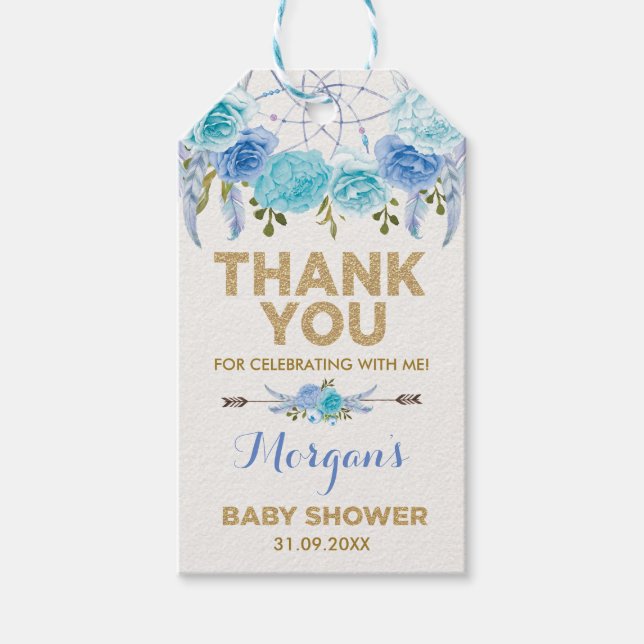 Boho Blue Floral Dreamcatcher Baby Shower Favorite Geschenkanhänger (Vorderseite)