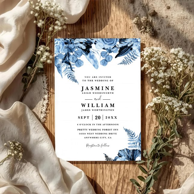 Boho Blue Floral Elegant Modern QR Code Wedding Einladung (Von Creator hochgeladen)