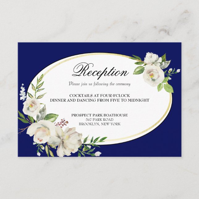 Boho Blue Floral Gold Hochzeitsempfang Begleitkarte (Vorderseite)