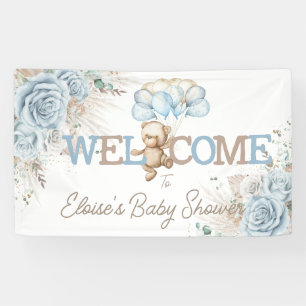 Boho Blue Floral Pampas Bear Baby Dusche Willkomme Banner