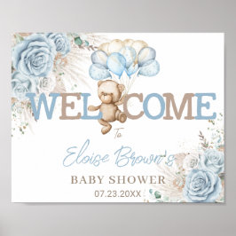 Boho Blue Floral Pampas Bear Baby Dusche Willkomme Poster