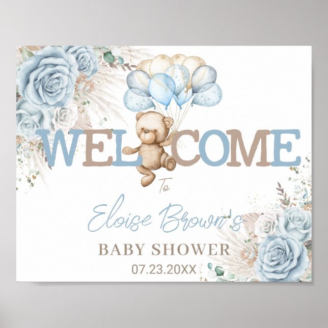 Boho Blue Floral Pampas Bear Baby Dusche Willkomme Poster (Vorne)