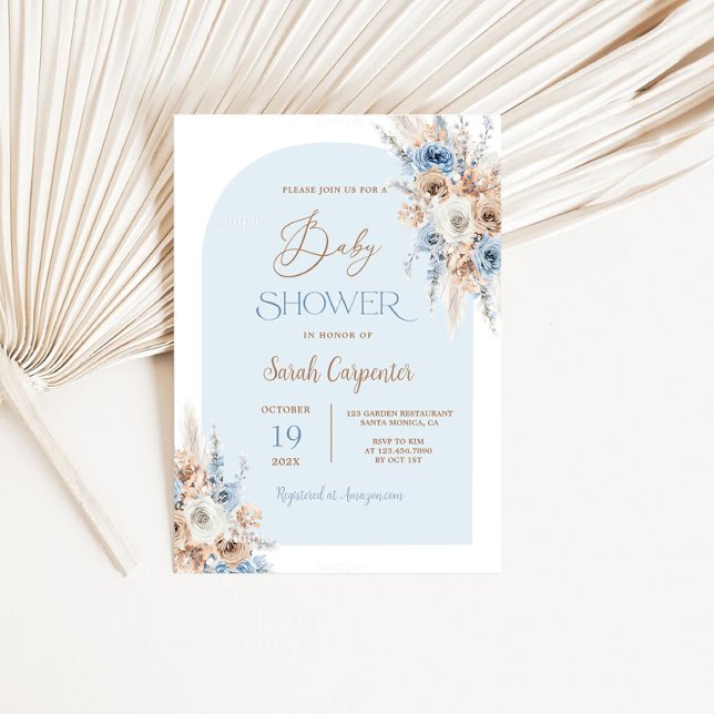 Boho Blue Floral Pampas Grass Baby Shower Boy Einladung (Von Creator hochgeladen)
