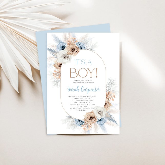 Boho Blue Floral Pampas Grass Baby Shower Boy Einladung (Von Creator hochgeladen)