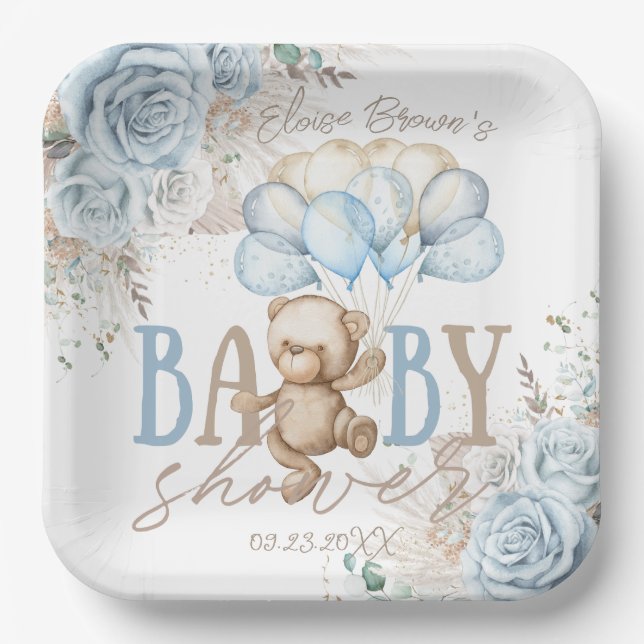 Boho Blue Floral Pampas Teddy Bear Boy Baby Dusche Pappteller (Vorderseite)
