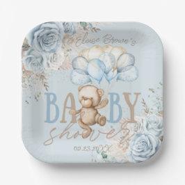 Boho Blue Floral Pampas Teddy Bear Boy Baby Dusche Pappteller