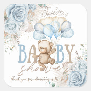 Boho Blue Floral Pampas Teddy Bear Boy Baby Dusche Quadratischer Aufkleber