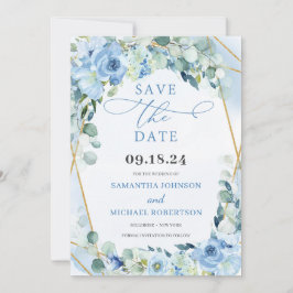 Boho Blue Floral Rose und Gold Geometric Save The Date