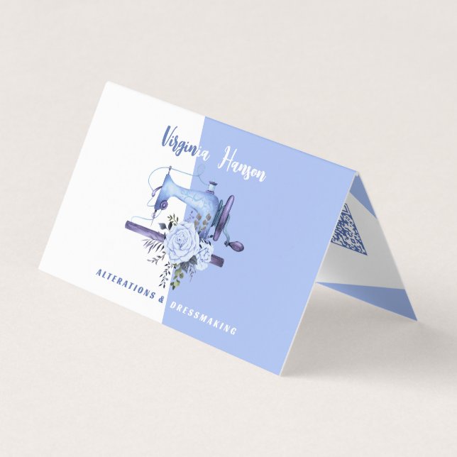 Boho Blue Floral Seamstress Nähmaschine geklappt Visitenkarten (Vorderseite)