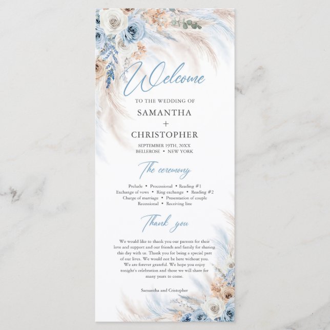 Boho Blue Floral und Ivory Rose Pampas Hochzeit Programm (Vorderseite)
