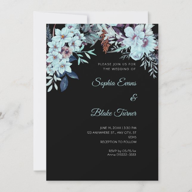 Boho Blue Floral Winter Black Wedding Einladung (Vorderseite)