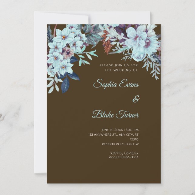 Boho Blue Floral Winter Mocha Brown Wedding Einladung (Vorderseite)