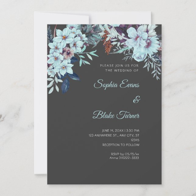 Boho Blue Floral Winter Shadow Gray Wedding Einladung (Vorderseite)