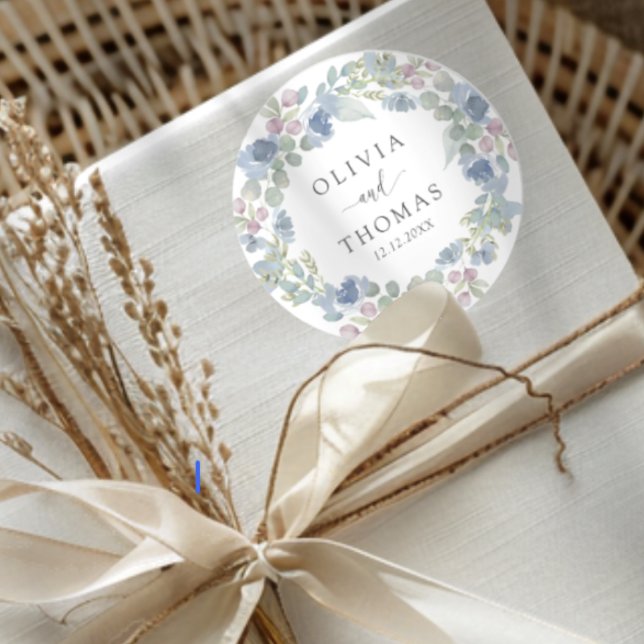 Boho Blue Floral Wreath Wedding Runder Aufkleber (Von Creator hochgeladen)