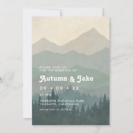 Boho Blue Forest Berge Retro-Hochzeit Einladung