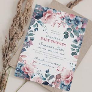 Boho Blue Garden Floral Baby Shower Rett Datum Einladung