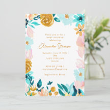 Boho Blue Gold Floral Frame Border Baby Dusche
