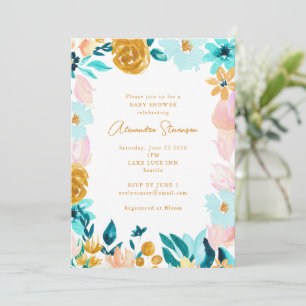 Boho Blue Gold Floral Frame Border Baby Dusche Einladung