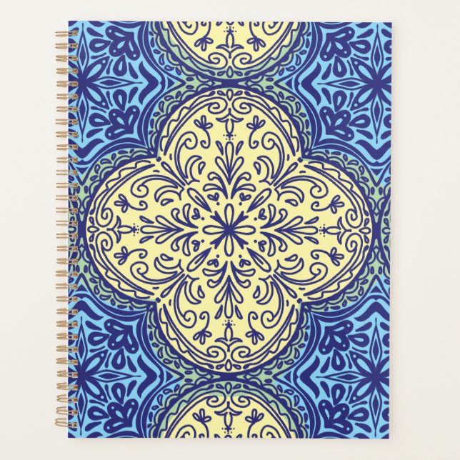 Boho Blue & Gold Tile Muster Planer (Vorderseite)