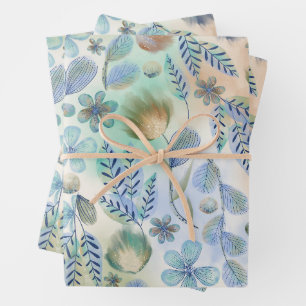 Boho Blue Green Whimsical Floral Botanical Geschenkpapier Set