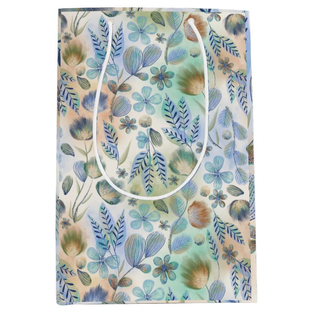 Boho Blue Green Whimsical Floral Botanical Mittlere Geschenktüte (Vorderseite)