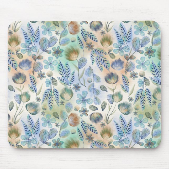 Boho Blue Green Whimsical Floral Botanical Mousepad (Vorne)