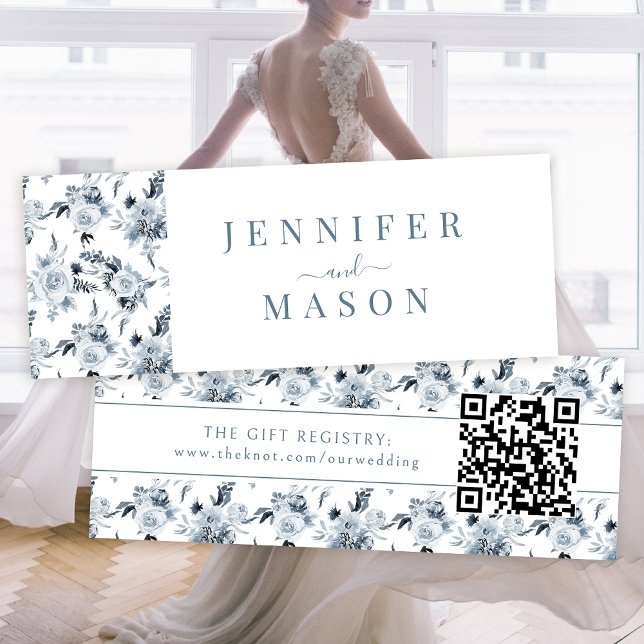 Boho Blue Grey Floral Wedding QR Registrierungskar (Von Creator hochgeladen)