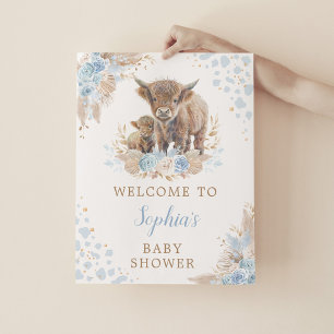 Boho Blue Highland Cow Baby Boy Dusche Willkommen Poster