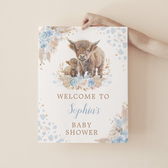 Boho Blue Highland Cow Baby Boy Dusche Willkommen Poster (Von Creator hochgeladen)