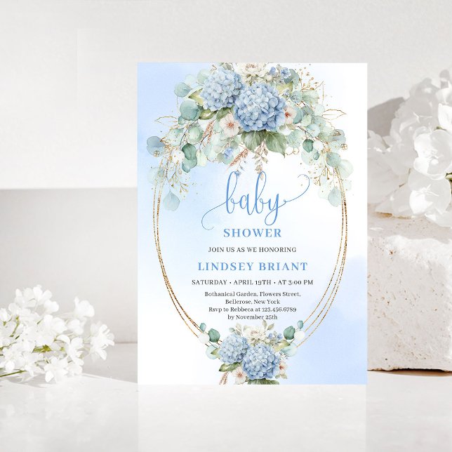 Boho Blue Hydrangea Baby Shower Gold Invitation Einladung (Boho Blue Hydrangea Baby Shower Gold Invitation)