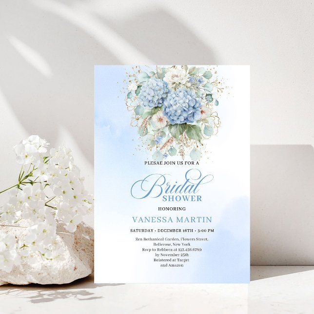 Boho Blue Hydrangea Bridal Shower Gold Invitation Einladung (Boho Blue Hydrangea Bridal Shower Gold Invitation)