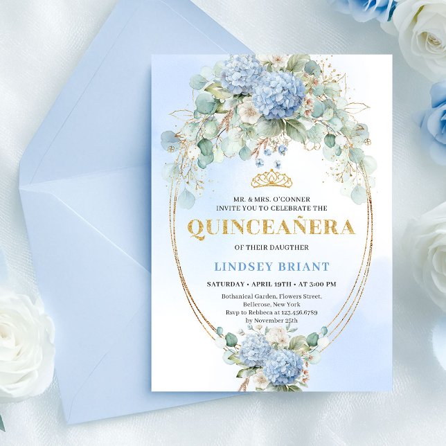 Boho Blue Hydrangeas Gold Quinceañera Invitation Einladung (Boho Blue Hydrangeas Gold Quinceañera Invitation)