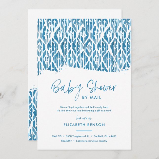 Boho Blue Ikat Baby Shower by Mail Einladung (Vorne/Hinten)