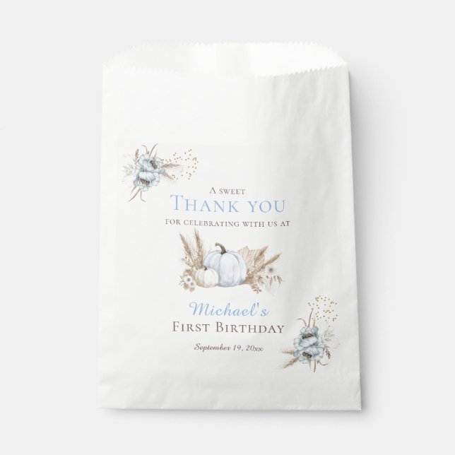 Boho Blue Kürbis 1. Geburtstag Danke Geschenktütchen (Vorderseite)