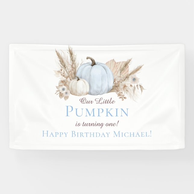 Boho Blue Kürbis 1. Geburtstagsbegrüßung Banner (Horizontal)