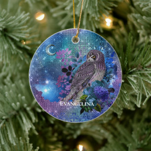Boho Blue Lila Owl Moon Keramik Ornament