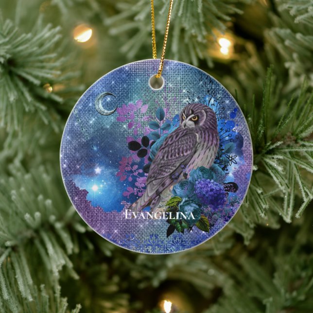 Boho Blue Lila Owl Moon Keramik Ornament (Baum)