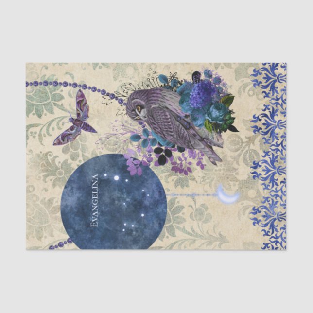 Boho Blue Lila Owl Moon Seidenpapier (Vorderseite)