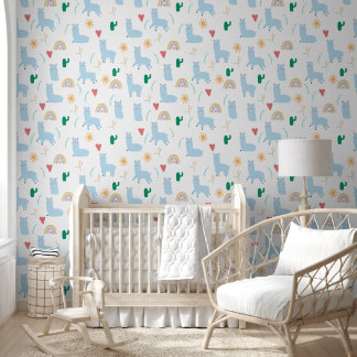 Boho Blue Llama Rainbows Baby Boy Kinderzimmer Tapete