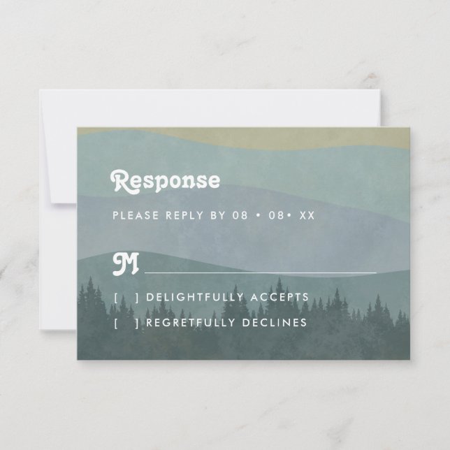 Boho Blue Mountains & Tree Retro Hochzeits-Antwort RSVP Karte (Vorderseite)