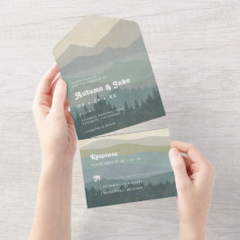 Boho Blue Mountains & Waldhochzeit Retro All In One Einladung