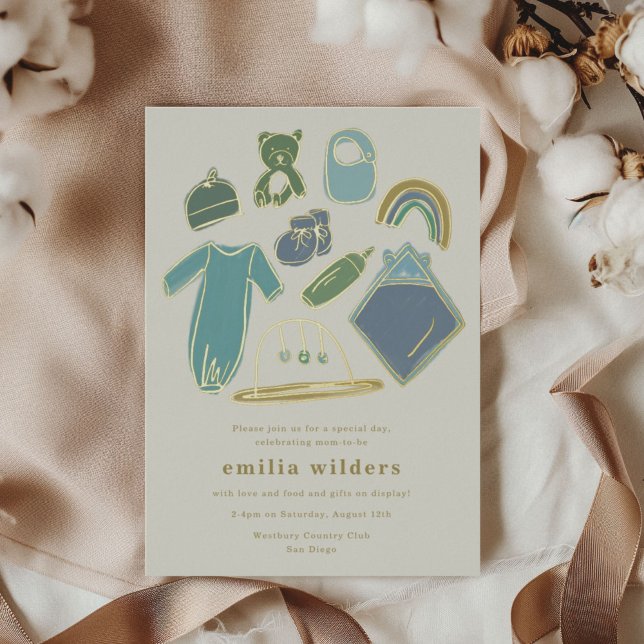 Boho Blue Newborn Icons Display Baby Shooting Gold Folieneinladung (Newborn illustrations gold foiled baby shower invitation.)