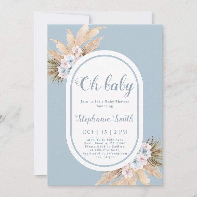Boho Blue Pampas Grass Baby Shower Boy Einladung (Vorderseite)