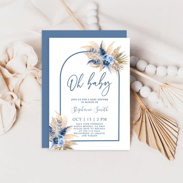 Boho Blue Pampas Grass Baby Shower Boy Einladung (Von Creator hochgeladen)