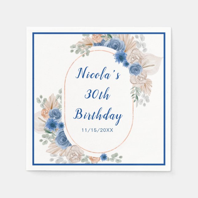Boho Blue Pampas Grass Birthday Serviette (Vorderseite)