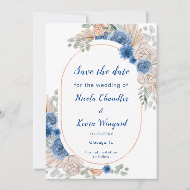 Boho Blue Pampas Grass Save the Date (Vorderseite)