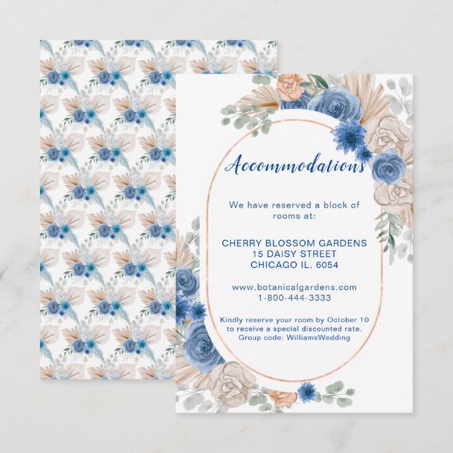 Boho Blue Pampas Grass Wedding Accommodation Card Begleitkarte (Vorne/Hinten)